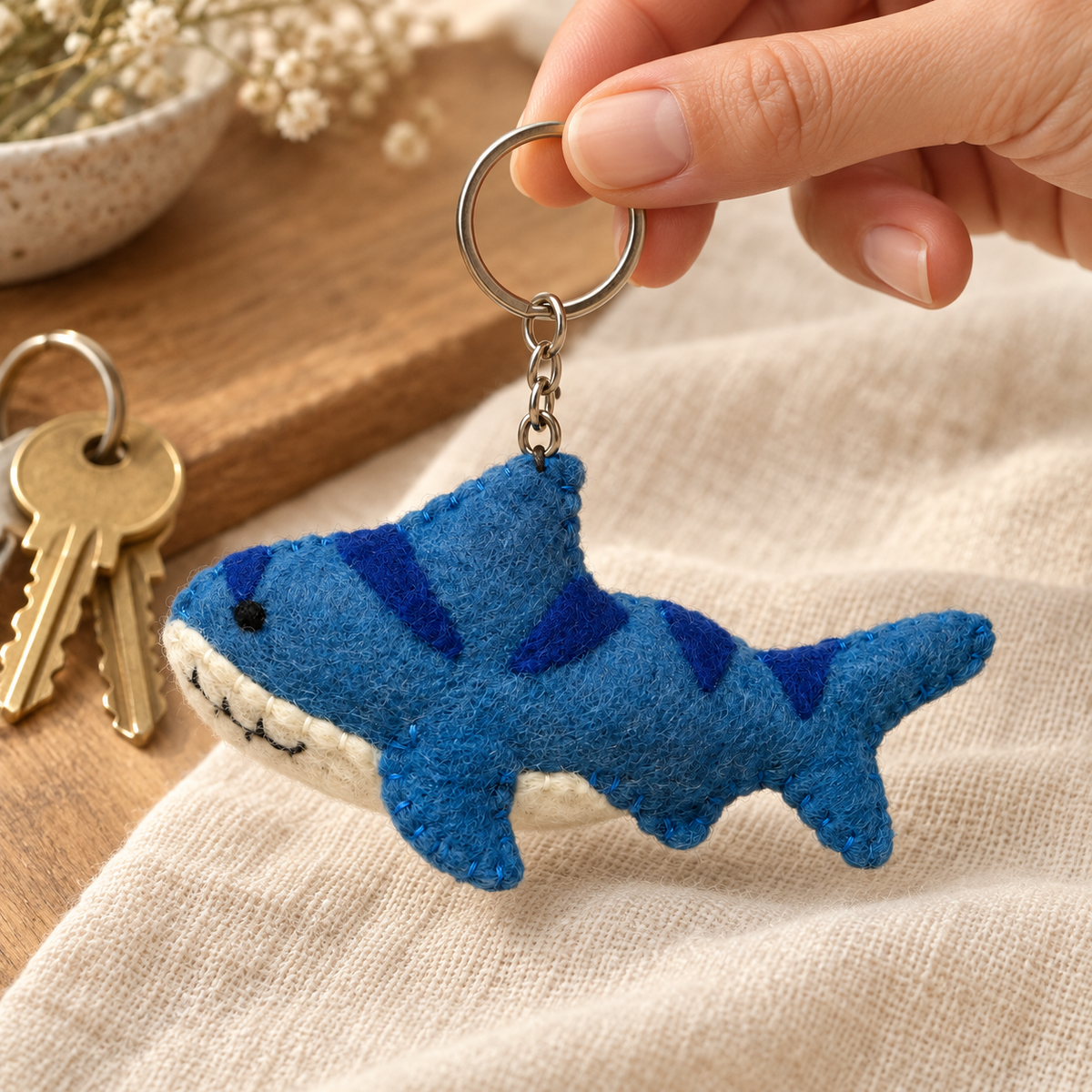 Handmade felt Shark keychain shown in a lifestyle setting