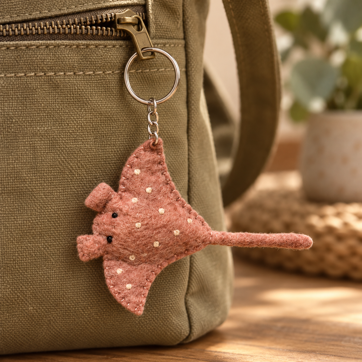 Handmade felt Stingray keychain displayed on a bag