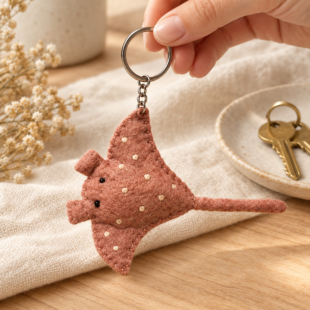 Handmade felt Stingray keychain shown in a lifestyle setting