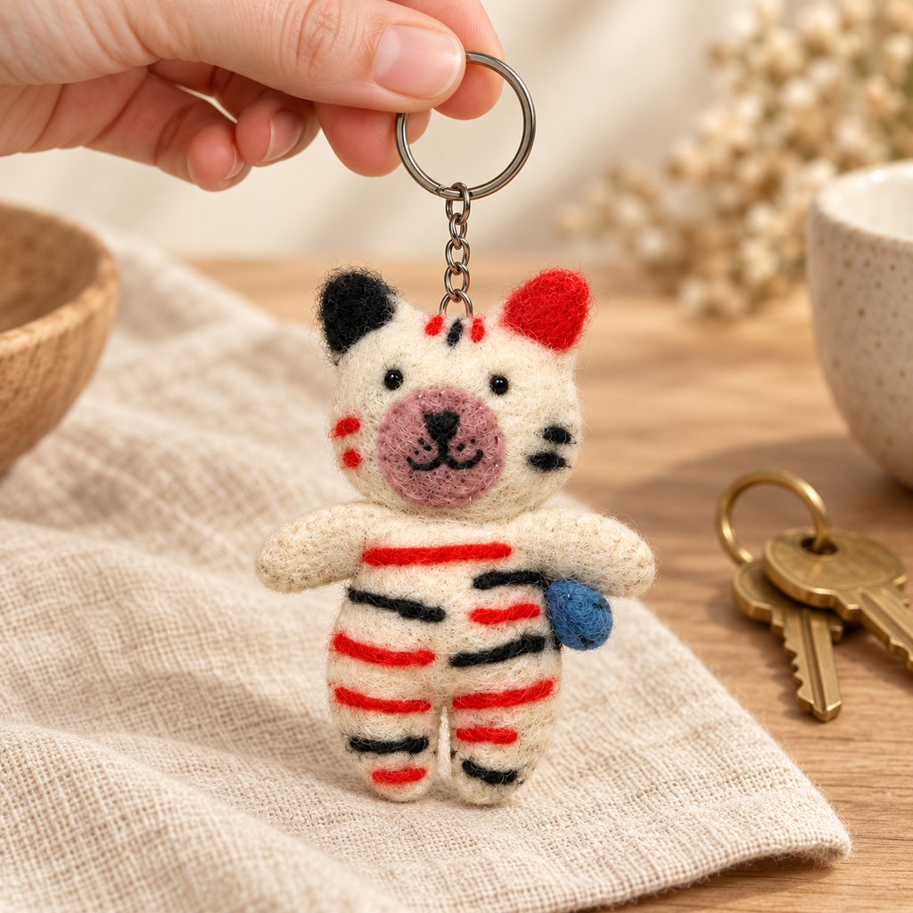 Handmade felt Striped Paw White keychain shown in a lifestyle setting