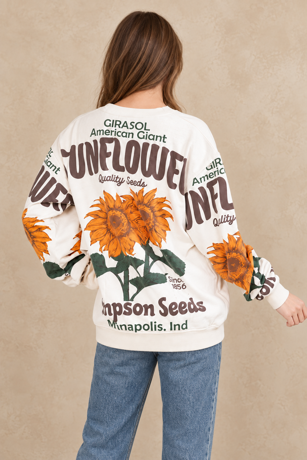 Sunflower cotton sweatshirt styled with blue jeans, back