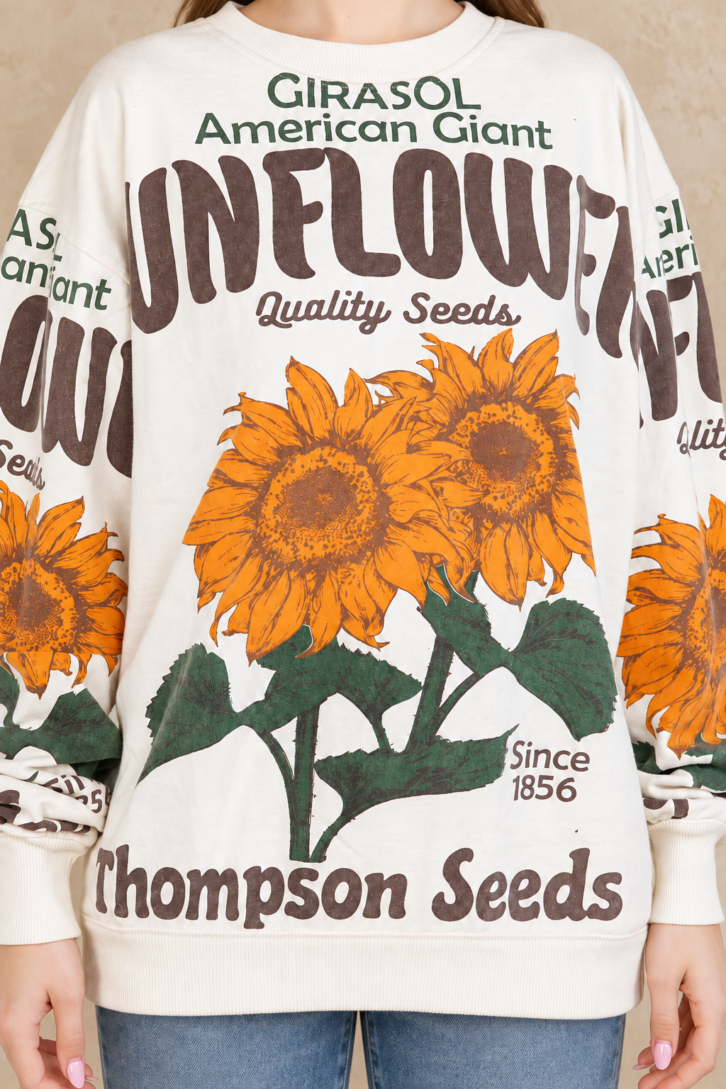 Sunflower cotton sweatshirt print close-up