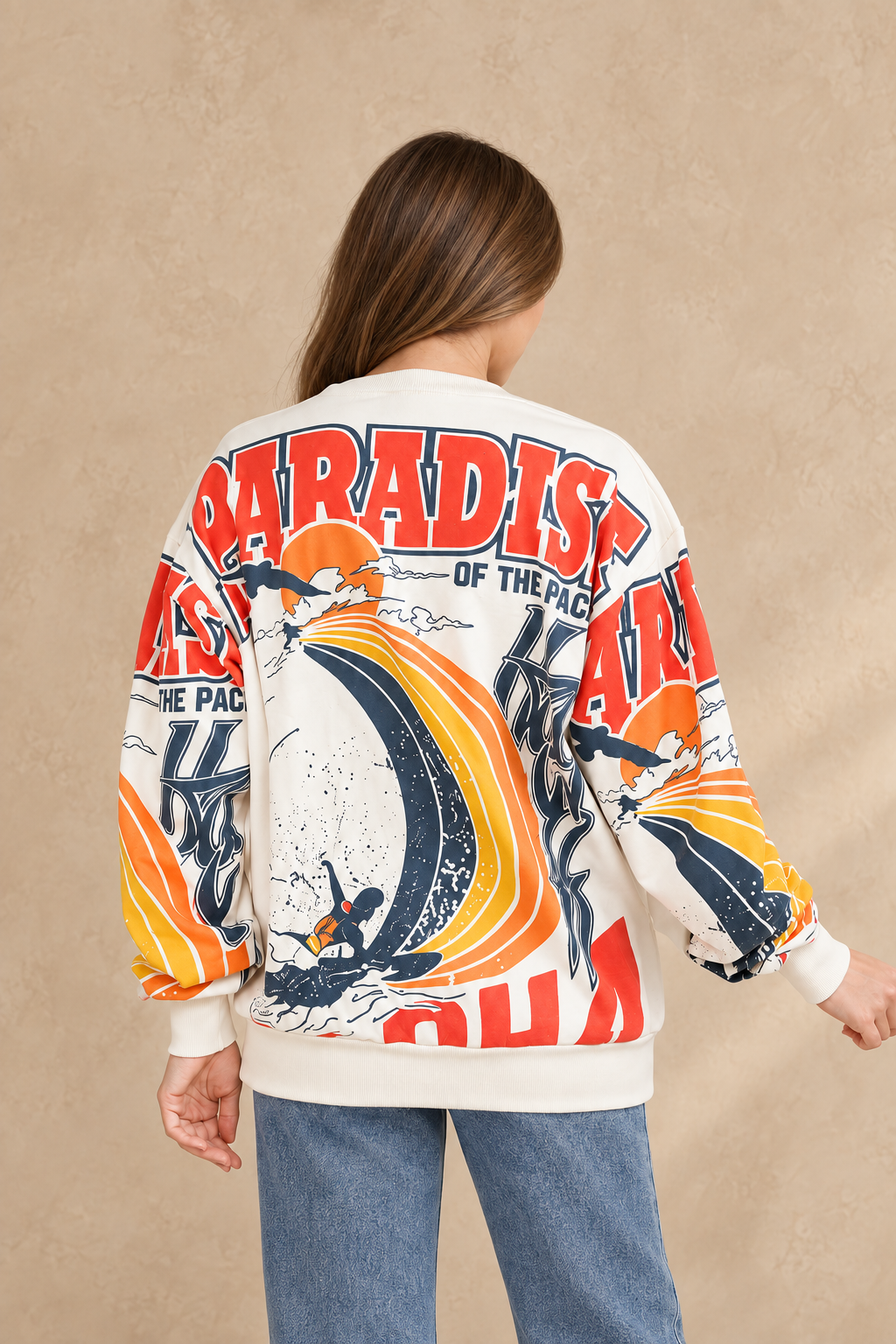 Paradise surf cotton sweatshirt styled with blue jeans, back