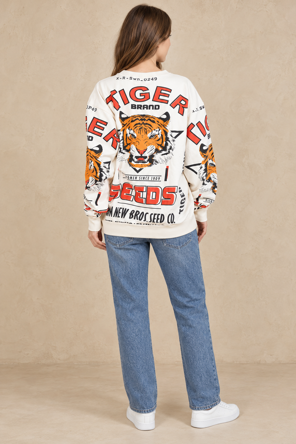 Tiger seeds cotton sweatshirt styled with blue jeans, back view