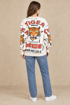 Tiger seeds cotton sweatshirt styled with blue jeans, back view