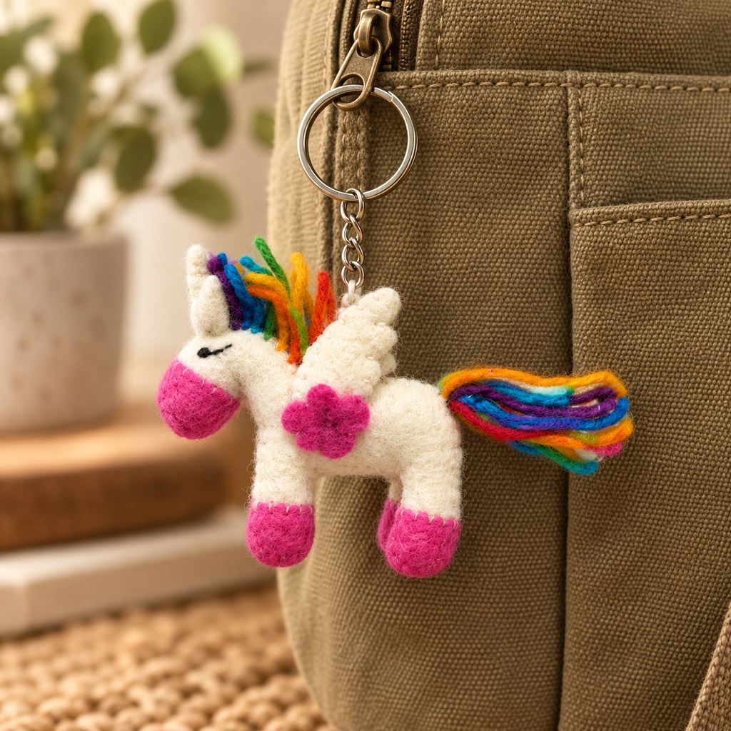 Handmade felt Unicorn keychain displayed on a bag