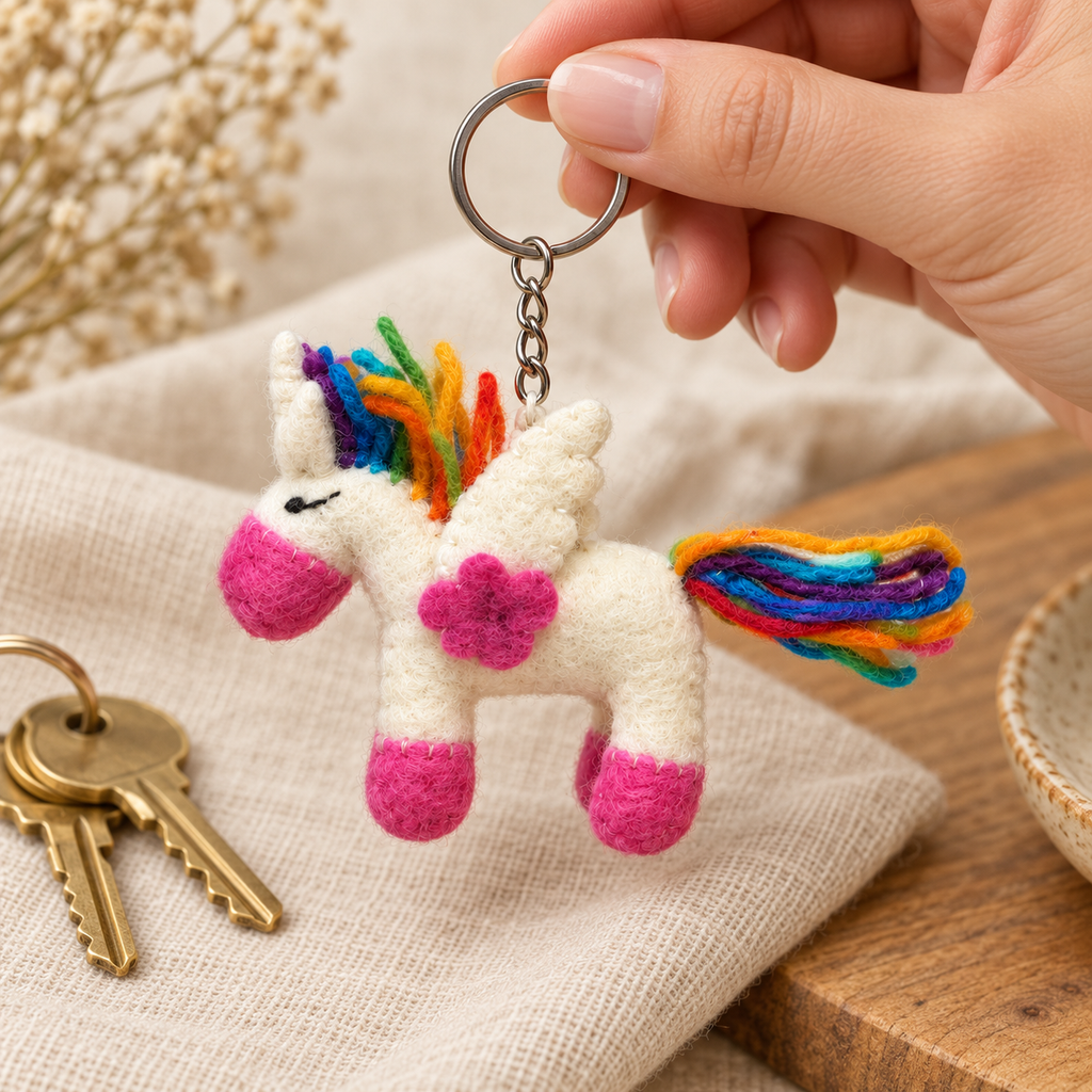 Handmade felt Unicorn keychain shown in a lifestyle setting