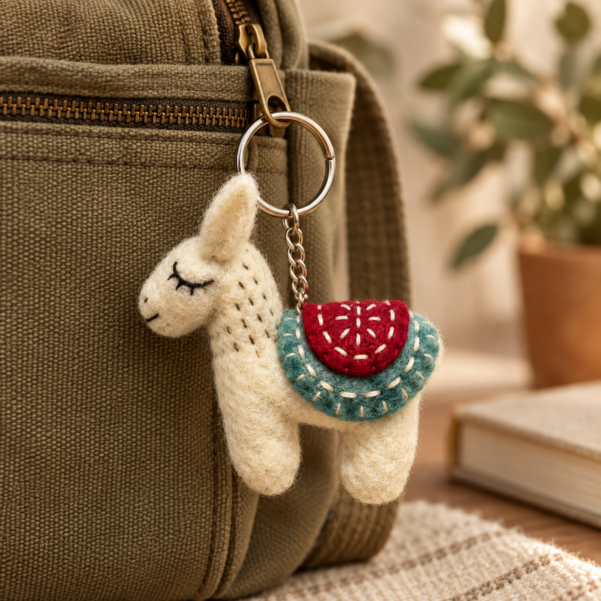 Handmade felt White Blue Llama keychain displayed on a bag