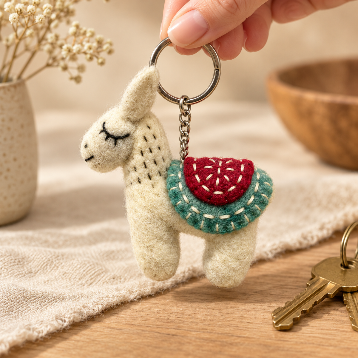 Handmade felt White Blue Llama keychain shown in a lifestyle setting