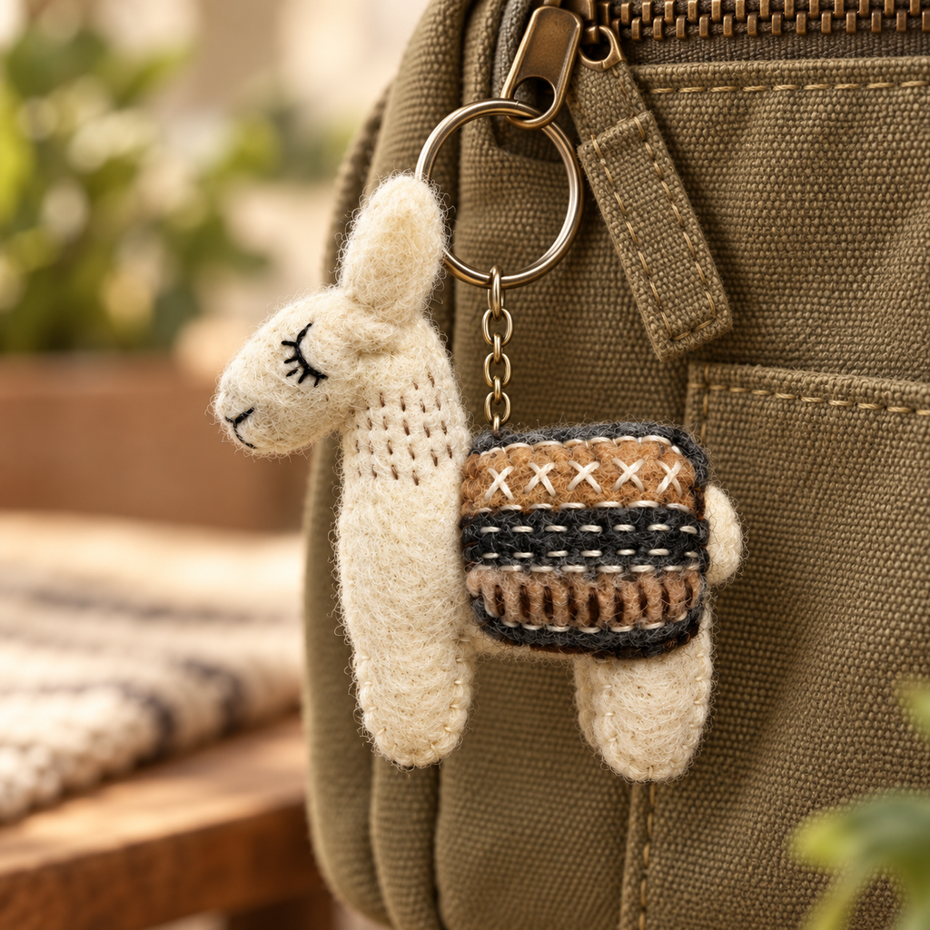 Handmade felt White Brown Llama keychain displayed on a bag