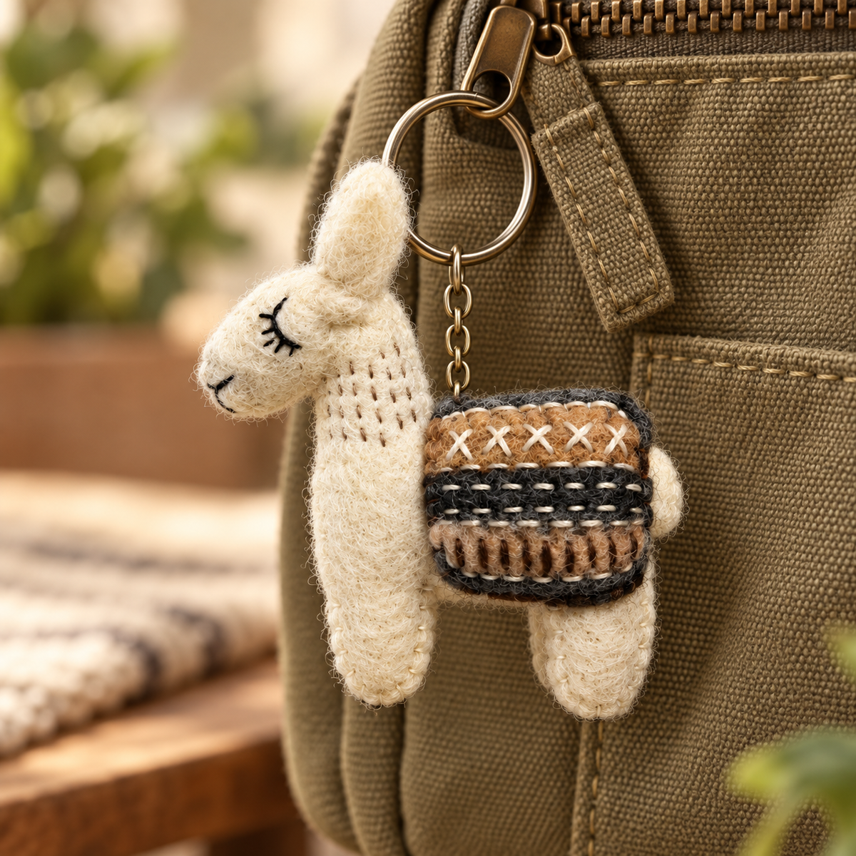 Handmade felt White Brown Llama keychain displayed on a bag