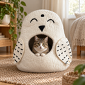 White Owl felt cat cave with cat inside