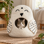 White Owl felt cat cave with cat inside