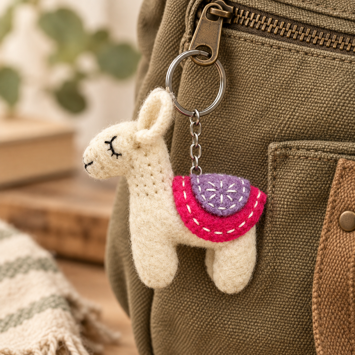 Handmade felt White Pink Llama keychain displayed on a bag