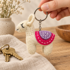 Handmade felt White Pink Llama keychain shown in a lifestyle setting