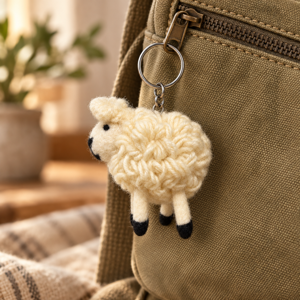 Handmade felt White Sheep keychain displayed on a bag
