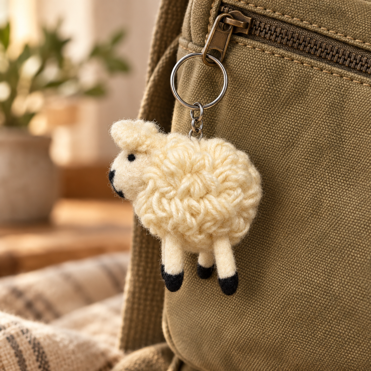 Handmade felt White Sheep keychain displayed on a bag