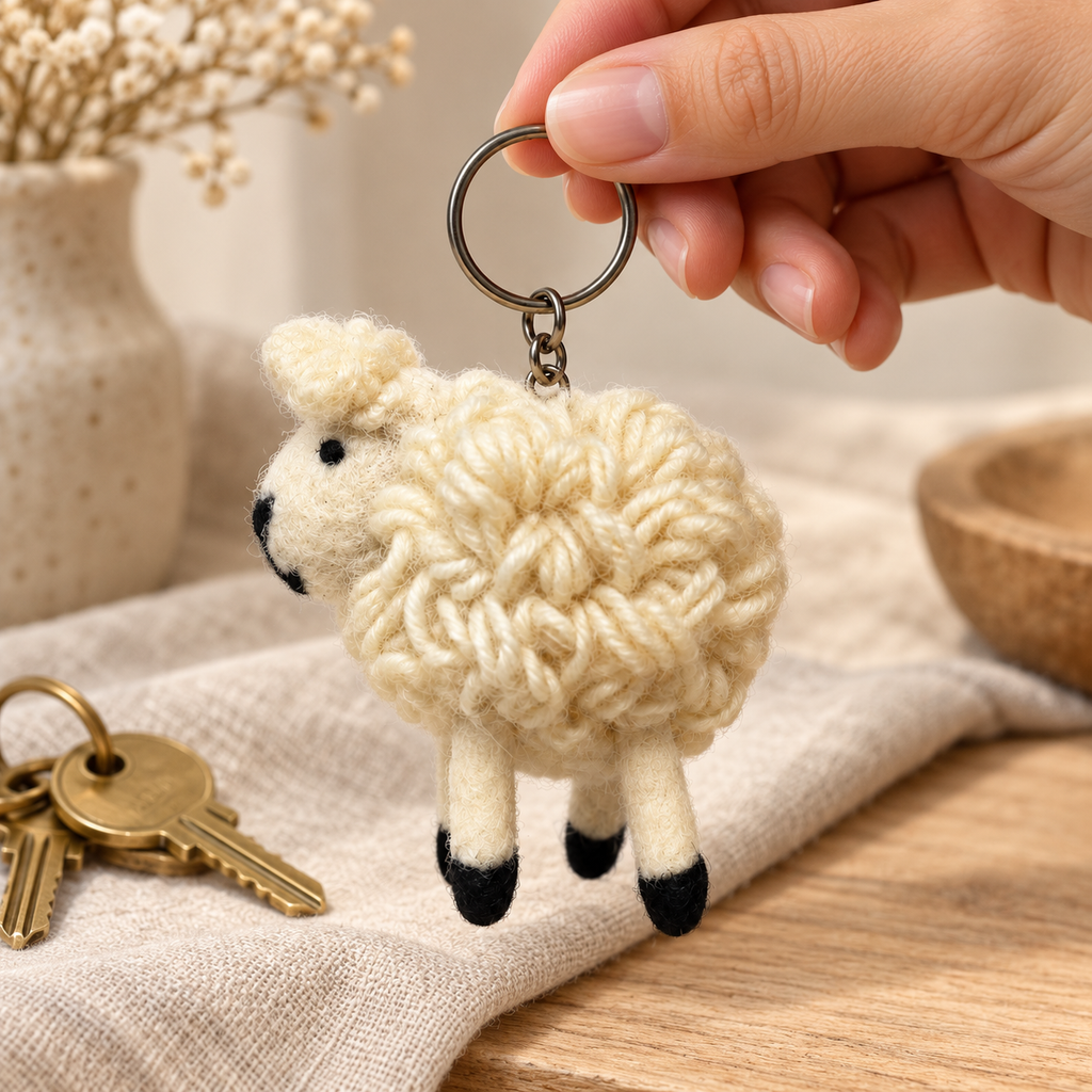 Handmade felt White Sheep keychain shown in a lifestyle setting