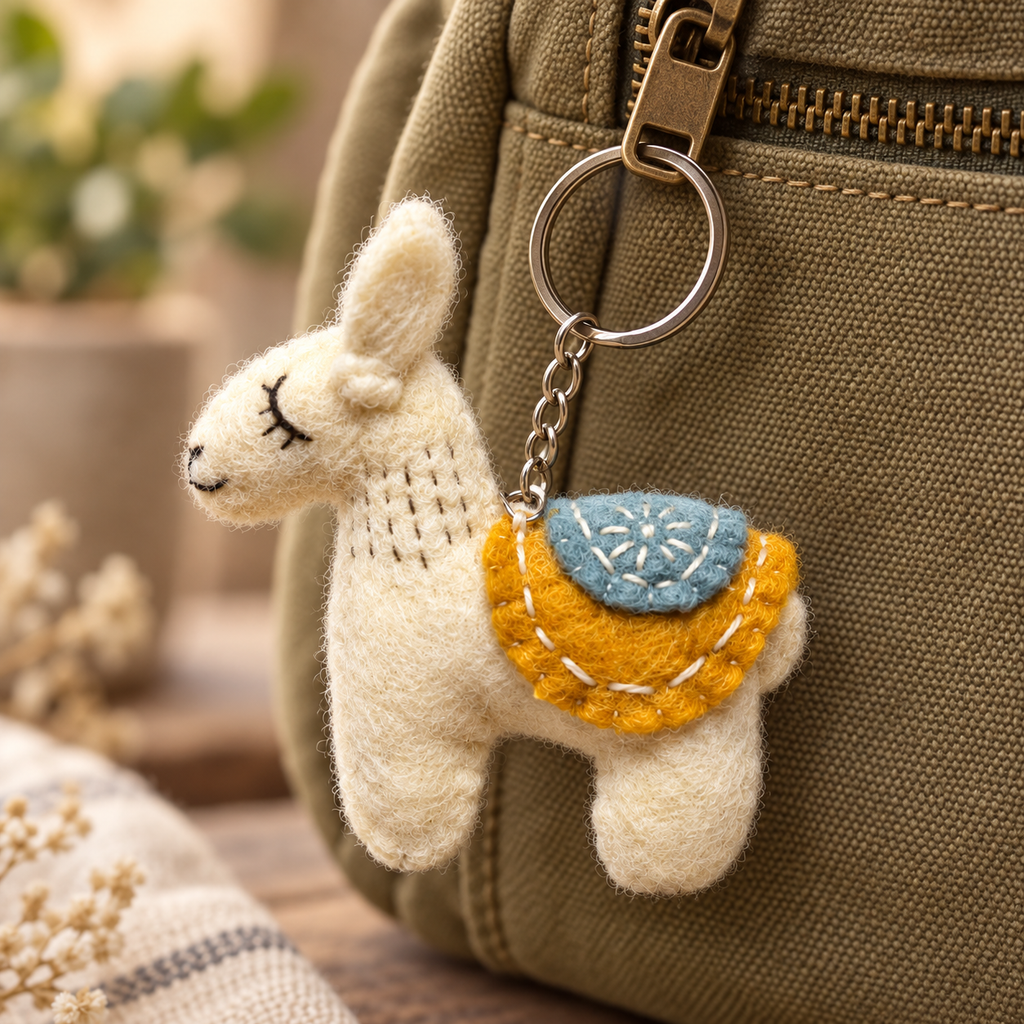Handmade felt White Yellow Llama keychain displayed on a bag