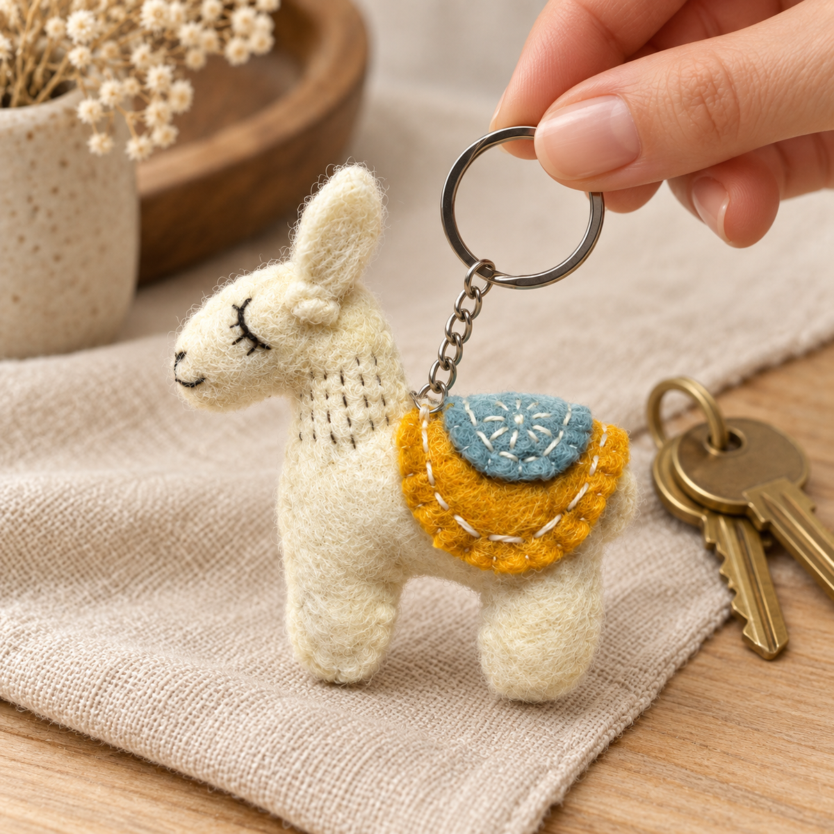 Handmade felt White Yellow Llama keychain shown in a lifestyle setting
