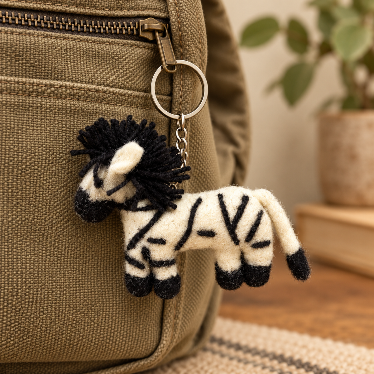 Handmade felt Zebra keychain displayed on a bag