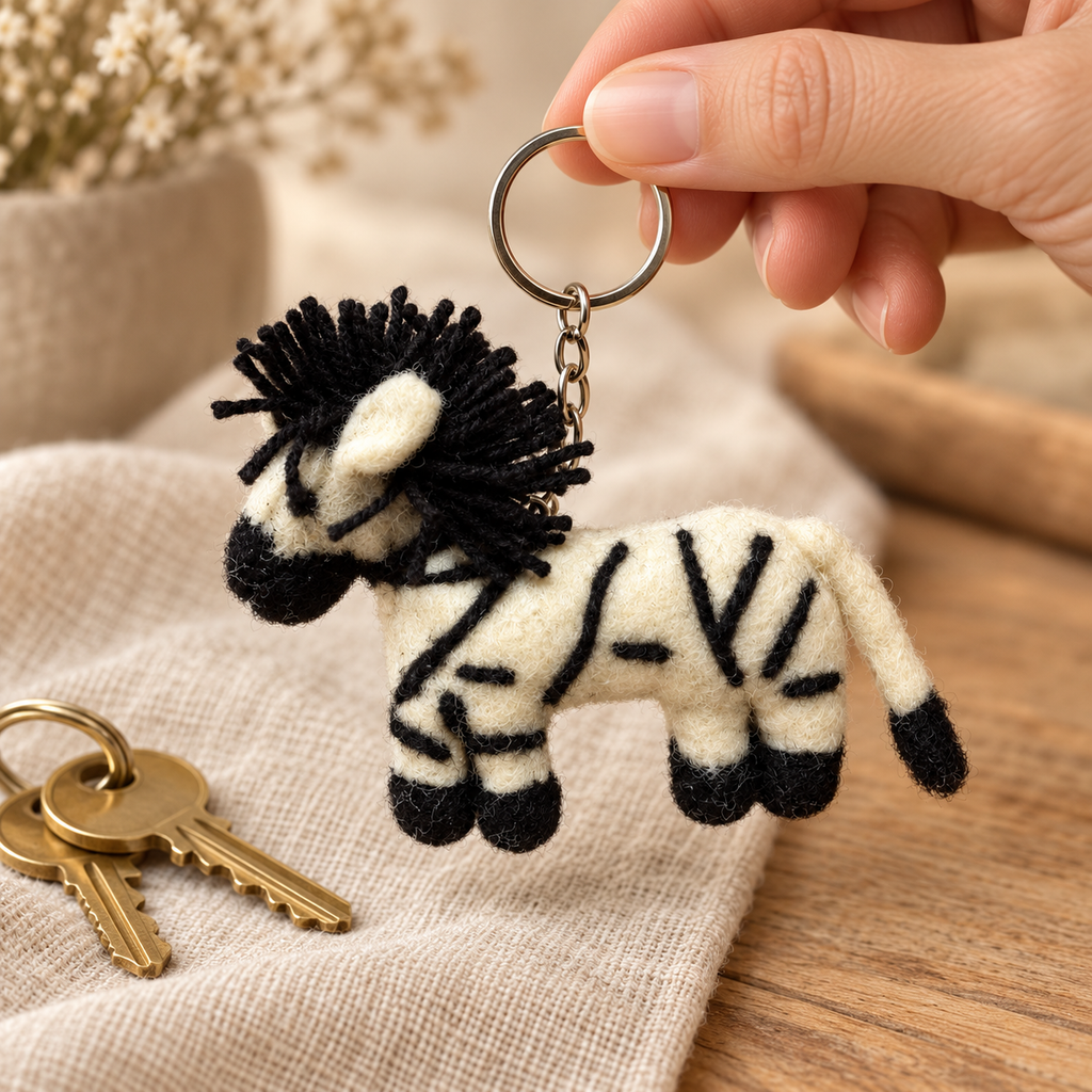 Handmade felt Zebra keychain shown in a lifestyle setting