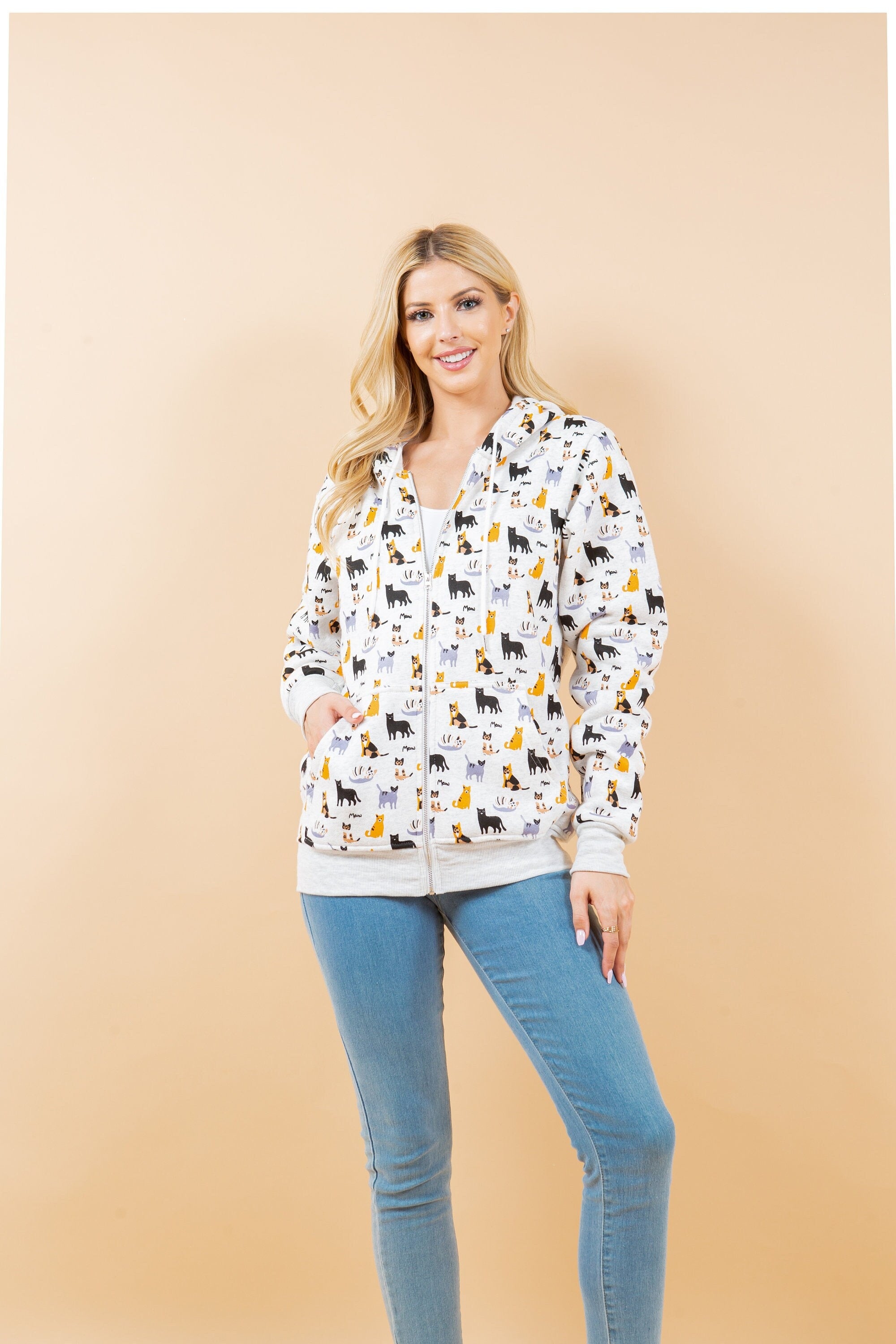 Colorful Cat Print Zipper Hoodie