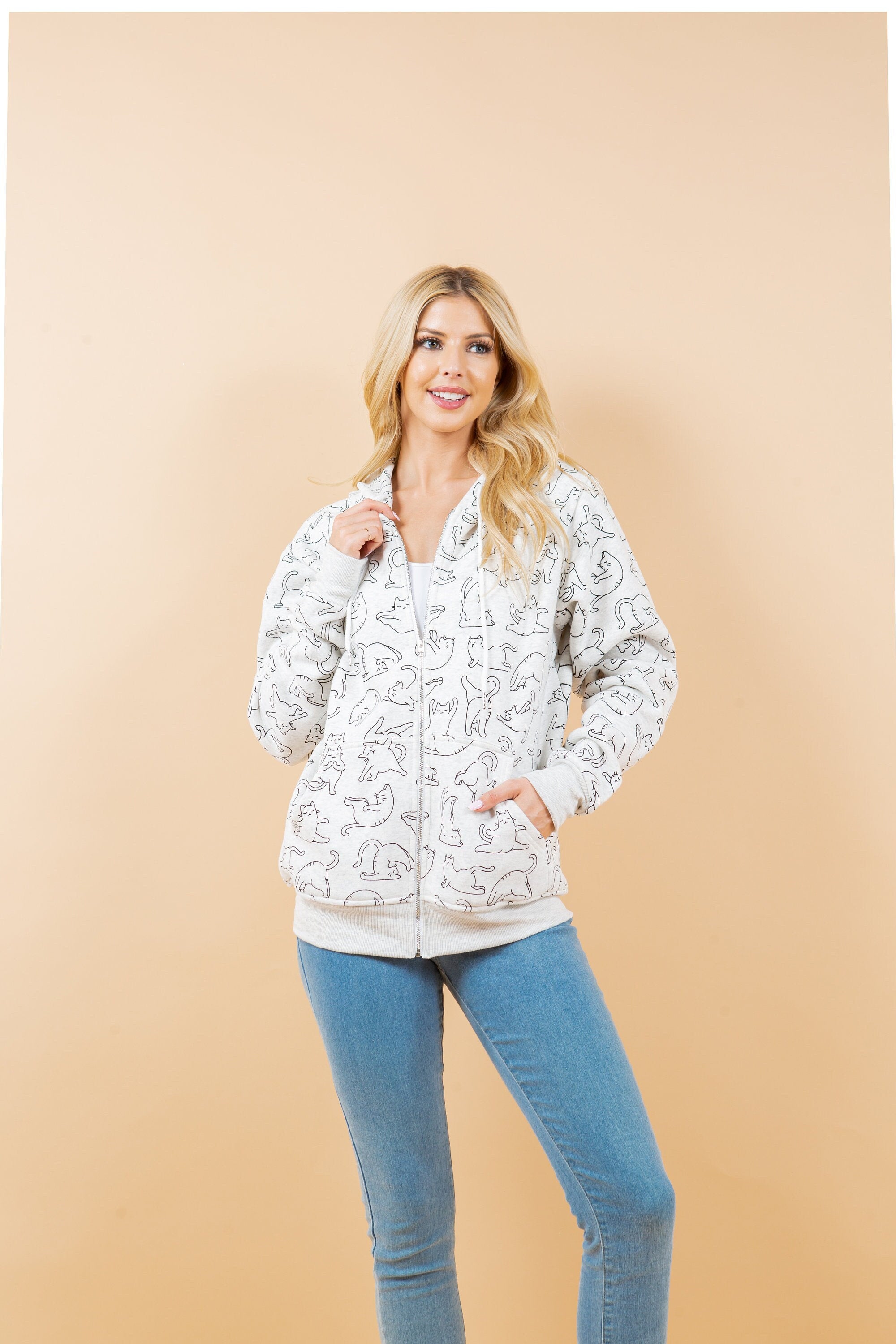 Nama-stay Cat Yoga Print Zipper Hoodie