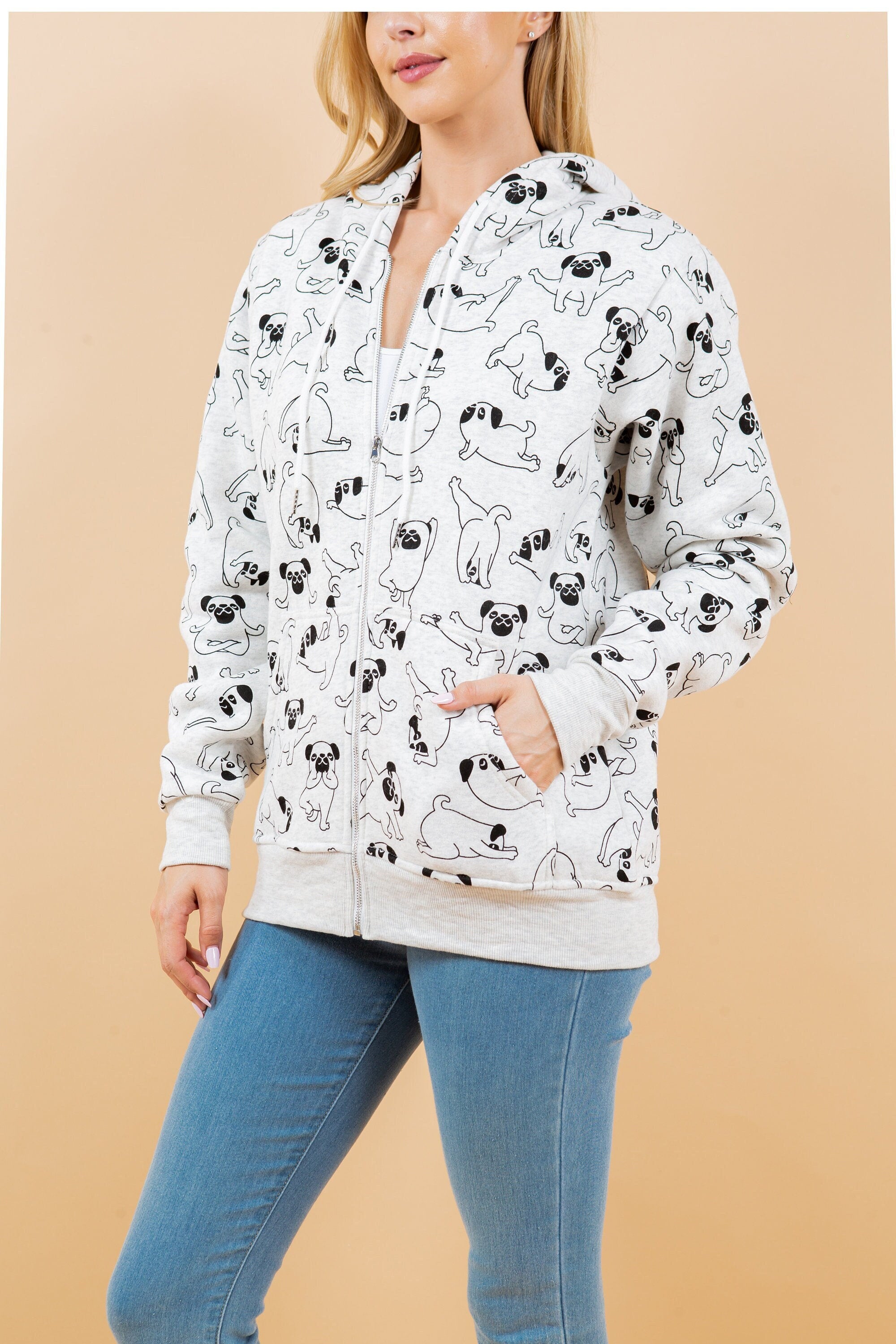Pug Dog Yoga Print Zipper Hoodie